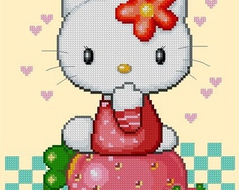 Cute Kitty Fruity -Strawberries Sampler -Cross Stitch PDF Downloadable Pattern