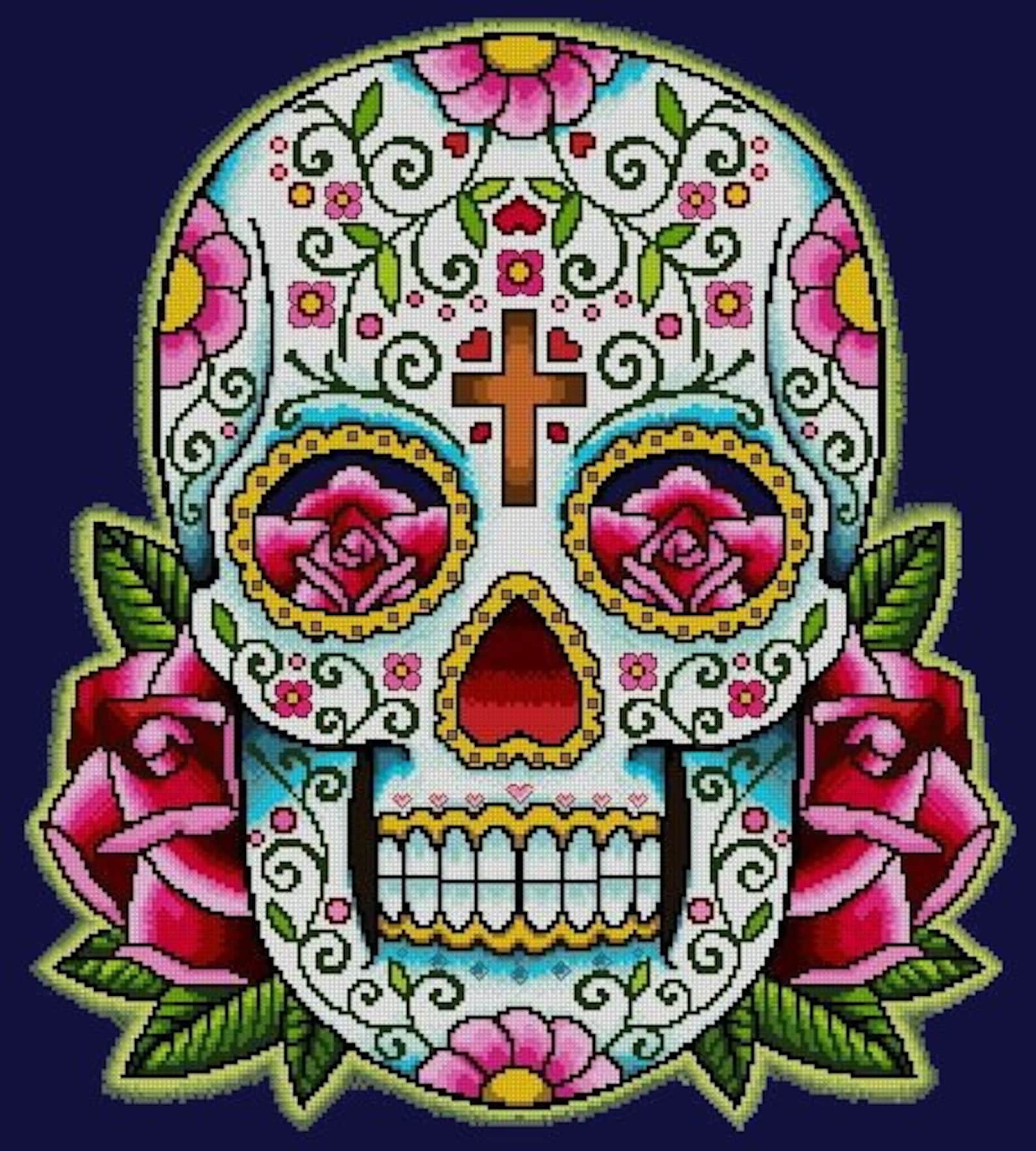 Sugar Skull Roses And Pink Florals Cross Stitch Pdf Pattern Etsy