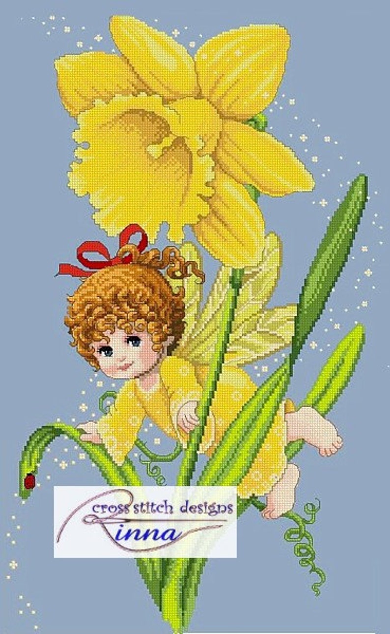 Playful Daffodil Fairy Cross Stitch PDF Pattern image 1