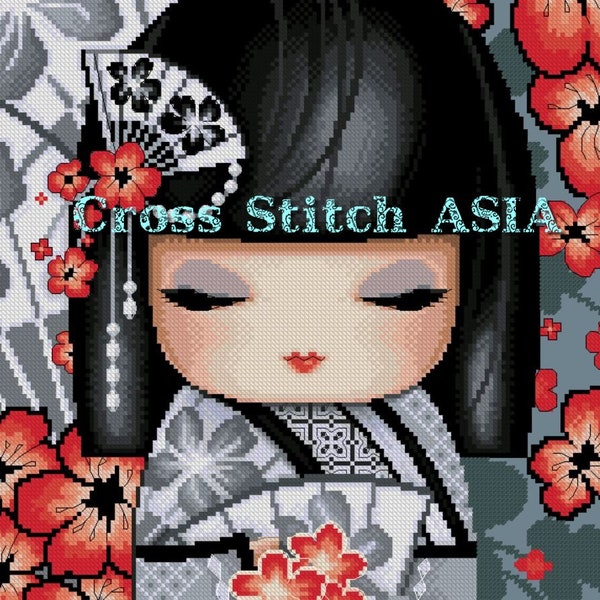 Pretty Japanese Kimi Doll -Gray Fans and Red Flowers -Cross Stitch Asia PDF Pattern