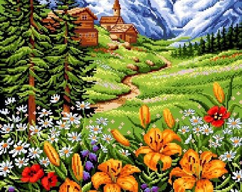 Mountainside Lilies -A Beautiful Scenery in Cross Stitch Pattern-PDF