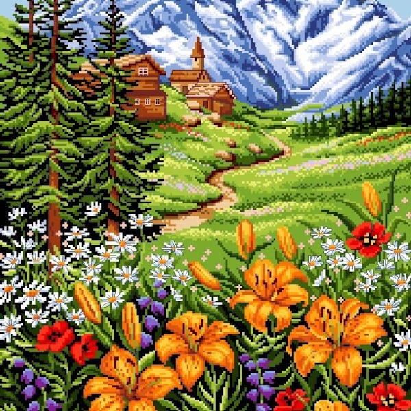 Mountainside Lilies -A Beautiful Scenery in Cross Stitch Pattern-PDF