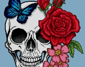 Skull Head -Butterfly Roses and Flowers -Goth Design -Cross Stitch PDF Downloadable Pattern