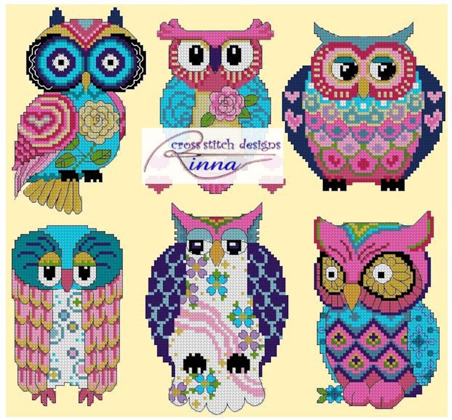 OWLS Abstract Spring Colors Sampler Cross Stitch PDF 1 - изображение.