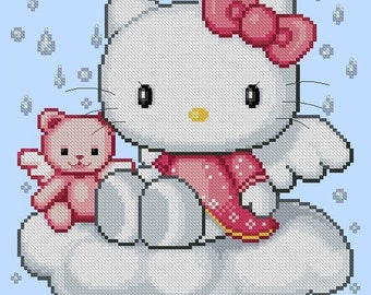 Cute Kitty Angel -Rainy Days -RedPink Colors -Cross Stitch PDF Downloadable Pattern