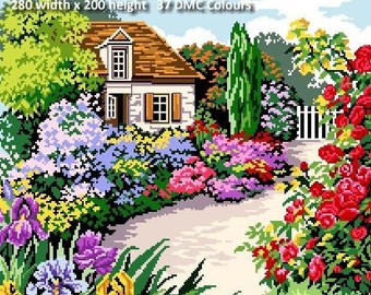 Roses in Surroundings -Garden Design -Cross Stitch PDF Downloadable Pattern