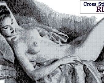 Lady Nude on Bed Grayscale Colors -Cross Stitch PDF Downloadable Pattern