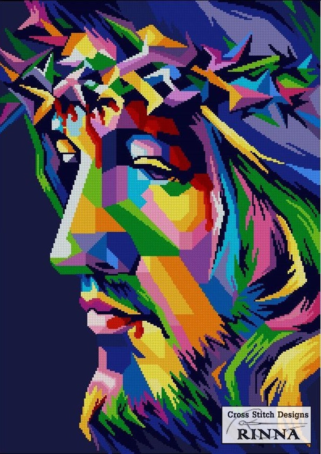Cross Stitch Pattern JESUS Colorful Sorrow -abstract - Religious Design ...