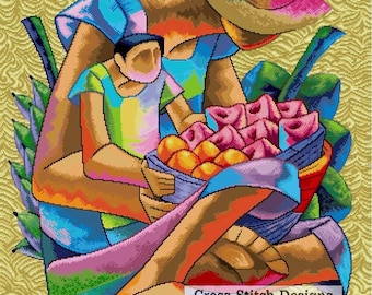 Fruit Seller -Father and Son -Filipino Art in Cross Stitch -PDF Downloadable Pattern