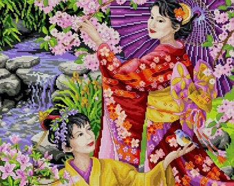 Two Geishas Dressed in Spring Kimonos in the Garden -Cross Stitch PDF Downloadable Pattern