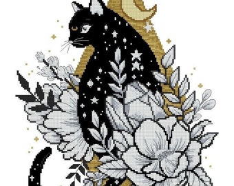 Cat Moon Stars and Flowers -Tattoo Look Design in Cross Stitch -PDF Pattern Downloadable File