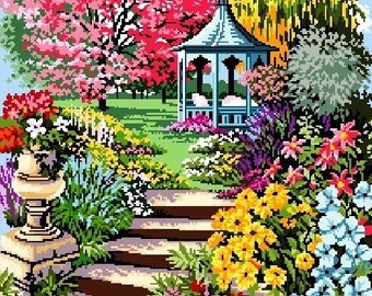 Spring Gazebo Garden Design -Cross Stitch PDF Downloadable Pattern