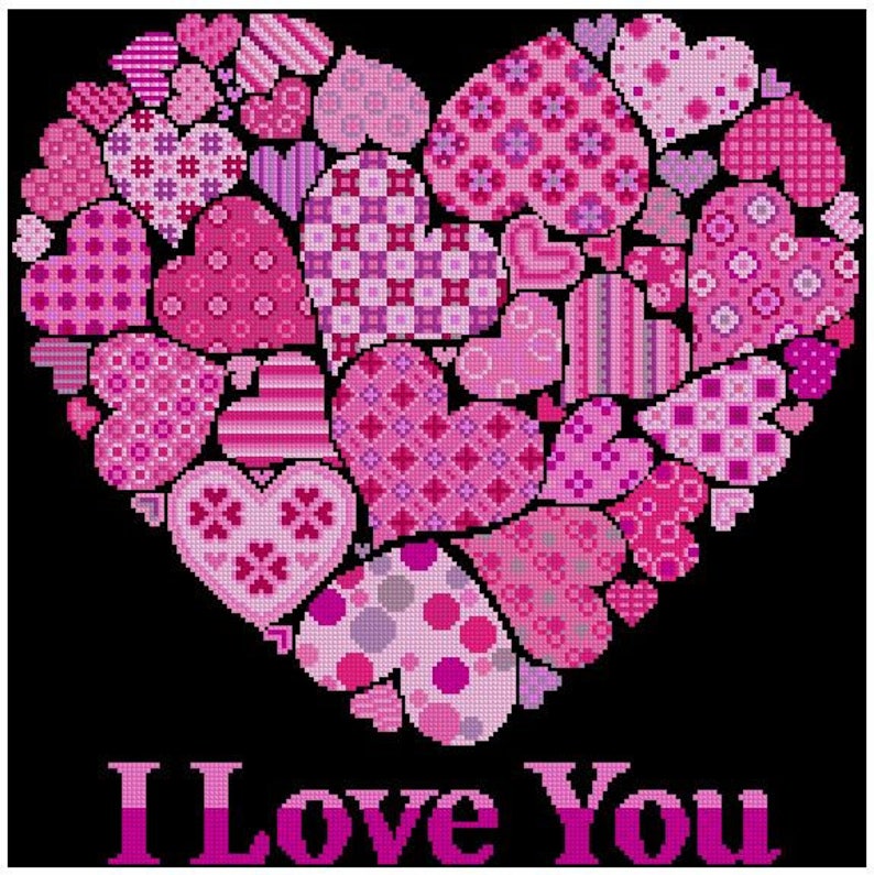 I Love You Pink Hearts Cross Stitch PDF Pattern image 1