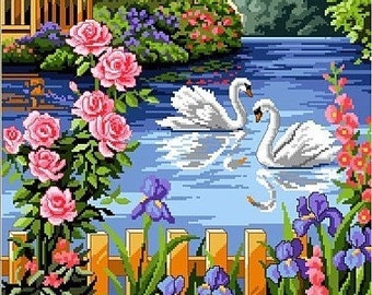 Swans at the Pond -Garden Design -Cross Stitch PDF Downloadble Pattern