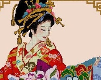 Japanese Geisha-Admiring the Prints -Cross Stitch Pdf Pattern