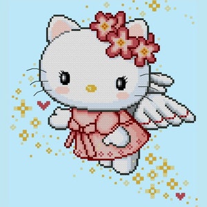 Cute Kitty Angel of Spring -Red Colors  -Cross Stitch PDF Downloadable Pattern