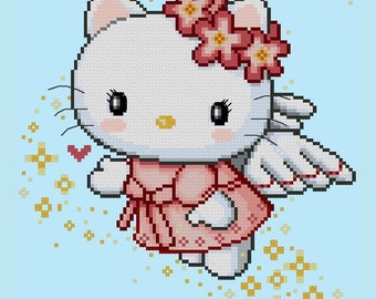 Cute Kitty Angel of Spring -Red Colors  -Cross Stitch PDF Downloadable Pattern