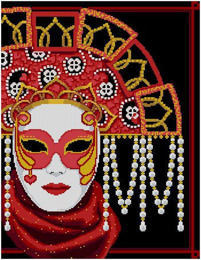 Mask of Mardi Gras-red Gold and Pearls cross Stitch PDF Pattern - Etsy