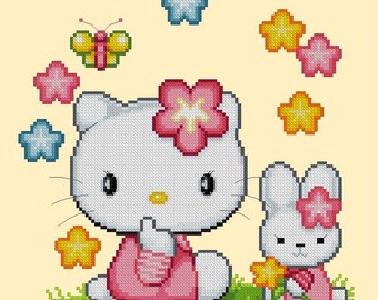 Cute Kitty -Rain of Spring Flowers -Cross Stitch PDF Downloadable Pattern