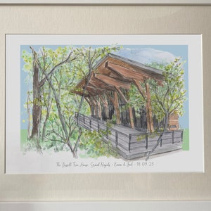 La stampa artistica di Bissell Tree House - Illustrazione disegnata a mano ad acquerello - Su ordinazione - Grand Rapids Michigan Wedding Venue Art