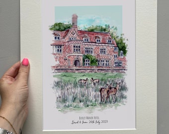 Personalised Burley Manor Hotel Art - Burley Manor Wedding Print - Anniversary - Burley Manor Watercolour Giclee Print - New Forest Venue