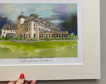 Impression giclée d'art de l'hôtel Gleneagles, Perthshire, - cadeau de mariage de Gleneagles - cadeau de golf de Gleneagles - illustration d'anniversaire de Gleneagles