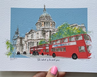 Personalised St Pauls Cathedral London Giclee Art Print - St Pauls Cathedral Illustration - London Red Bus - Iconic London Scene Art Print -