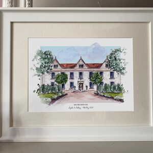 May include: A watercolor painting of a white house with a red roof and a long driveway. The house has a large front door and windows. There are trees and bushes in the front yard. The text "Rose New Country Club" is written below the house, along with the date "19th May 2023".