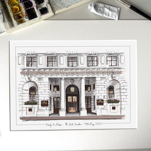 May include: A black and white illustration of a building with a large entrance. The building has a white facade with black windows and a brown door. The text "Emily & Alan - The Ritz London - 14th May 2023" is written below the building.