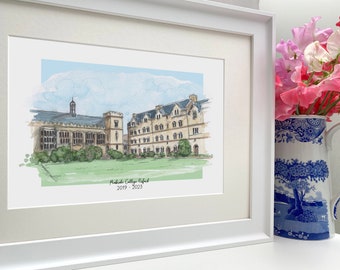 Personalised Pembroke College Oxford Giclee Art Print - Watercolour - Oxford England- Oxford University Gift - Pembroke College Wedding Art