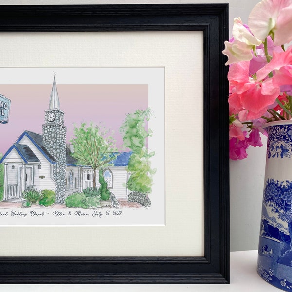 Personalised Graceland Wedding Chapel Giclee Print - Hand Drawn Illustration - Watercolor Graceland Wedding Chapel Art Print - Vegas Wedding