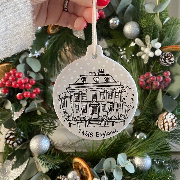 Hand Painted Ceramic Bauble featuring your Home - House Portrait Bauble - Bespoke Christmas decoration - Hand Painted House Ceramic Bauble