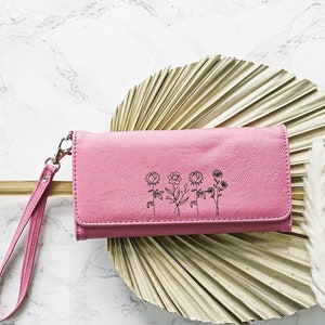 Cartera de pulsera grabada personalizada - Cartera de mujer - Monedero de mano - Flores de nacimiento - Flor del mes de nacimiento - Regalo para ella - Pulsera personalizada