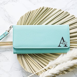 Monograma personalizado grabado Wristlet Wallet - Cartera de mujer - Bolso de embrague - Monograma floral - Regalo para ella - Pulsera personalizada - Inicial