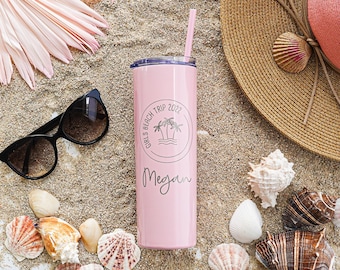 Personalized Girls Trip Tumblers - Laser Engraved Skinny Tumbler with straw - Custom Skinny Tumbler - Engraved Personalized Skinny Tumbler