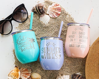 Engraved Stainless Steel Wine Tumbler - Summer Travel Glass with Straw