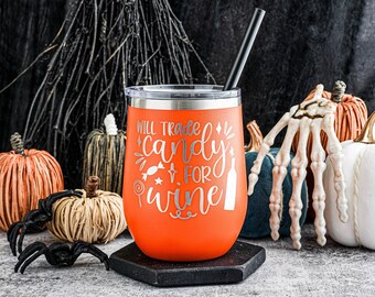 Laser Engraved Halloween Wine Tumbler – Candy for Wine, Personalized Stainless Steel Cup