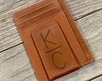 Custom Engraved Money Wallet Clip - Vegan Engraved Leather - Magnetic Money Clip - Gift For Dad - Fathers Day Gift - Slim Monogram Wallet