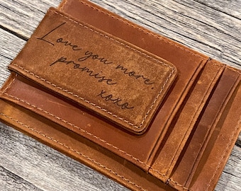 Custom Engraved Money Wallet Clip - Vegan Engraved Leather - Magnetic Money Clip - Gift for Him -  Anniversary Gift - Wedding Gift for Groom
