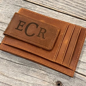 Clip para billetera de dinero grabado personalizado - Cuero vegano grabado - Clip magnético para dinero - Regalo para papá - Regalo para el día del padre - Billetera delgada con monograma
