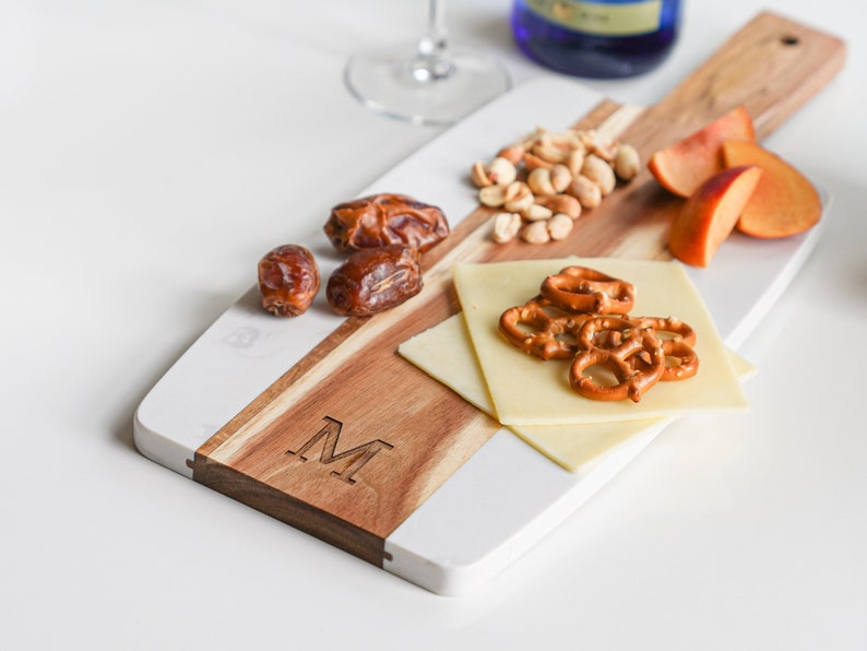 Personalized Marble Cheese Board Custom Cutting Board with Handle Charcuterie Board Monogram Initial Wedding Gift Engagement Gift image 1