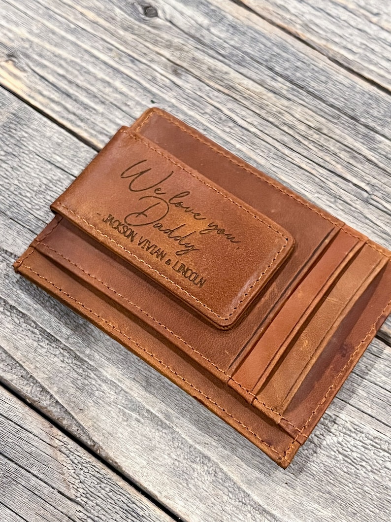 Custom Engraved Money Wallet Clip Vegan Engraved Leather Magnetic Money Clip Gift For Dad Fathers Day Gift Slim Monogram Wallet image 1