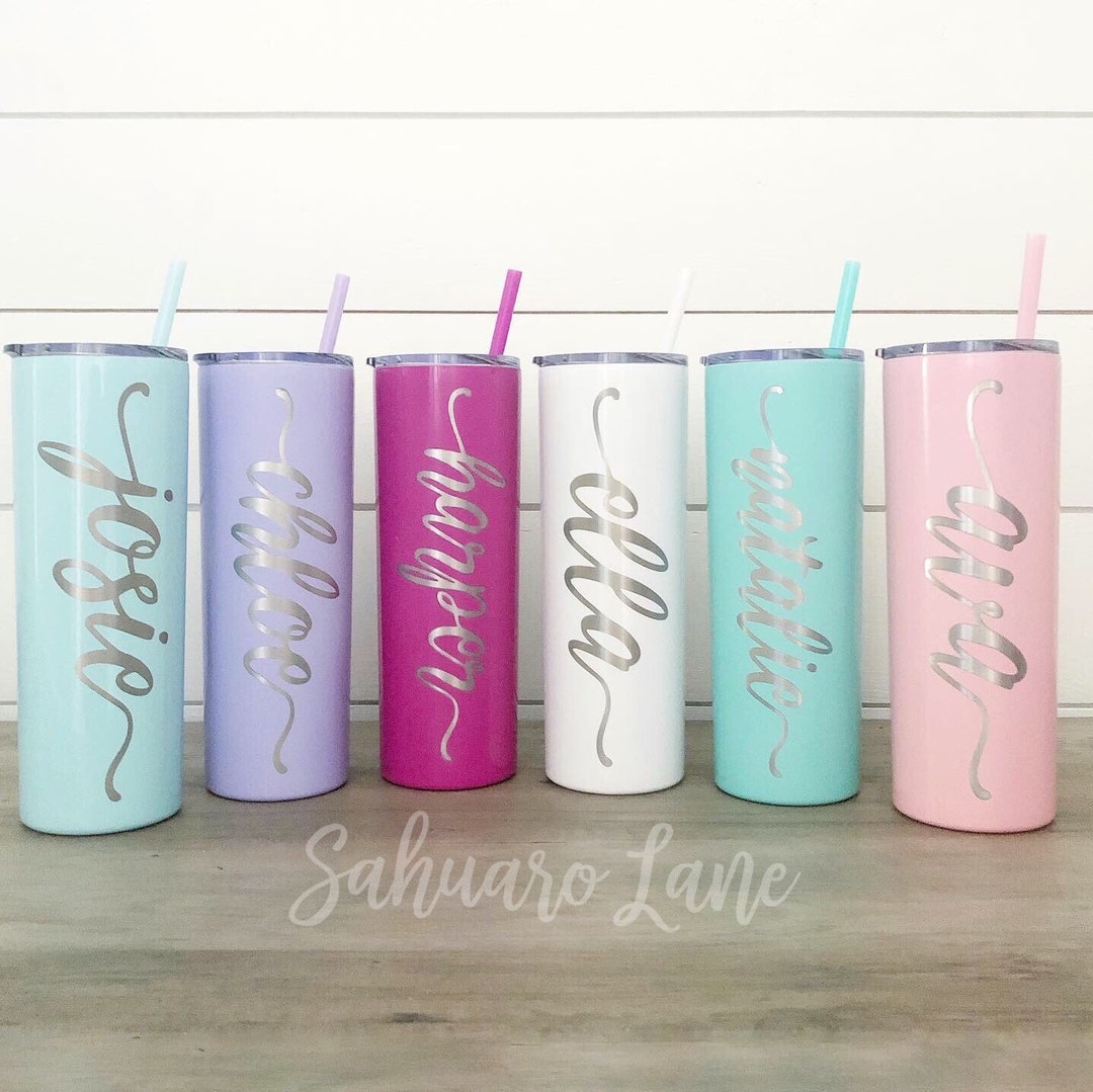 Personalized Stainless Steel Skinny Tumbler with Lid and Straw Madina Font