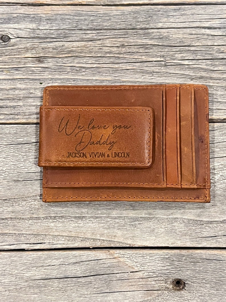 Custom Engraved Money Wallet Clip Vegan Engraved Leather Magnetic Money Clip Gift For Dad Fathers Day Gift Slim Monogram Wallet image 2