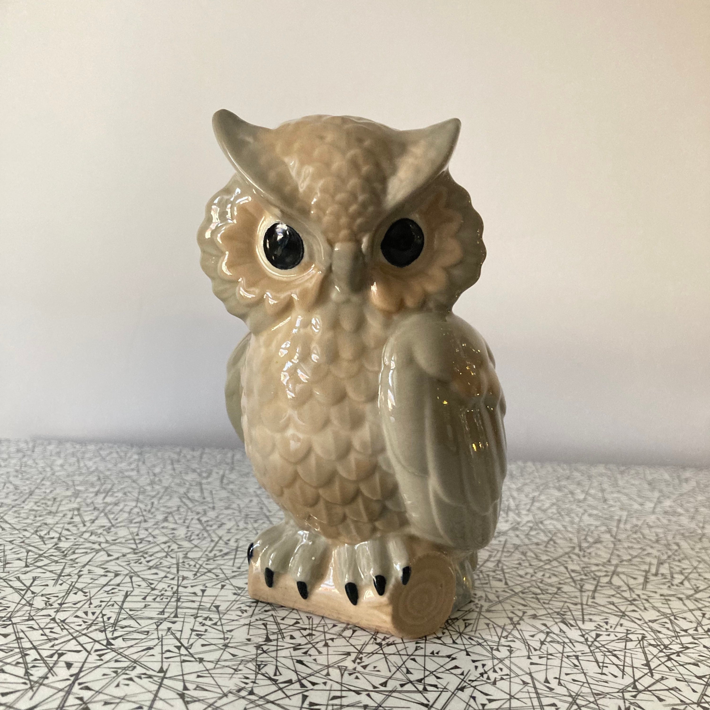 Glossy ceramic owl in shades of beige, blue and grey / cottagecore / maximalist