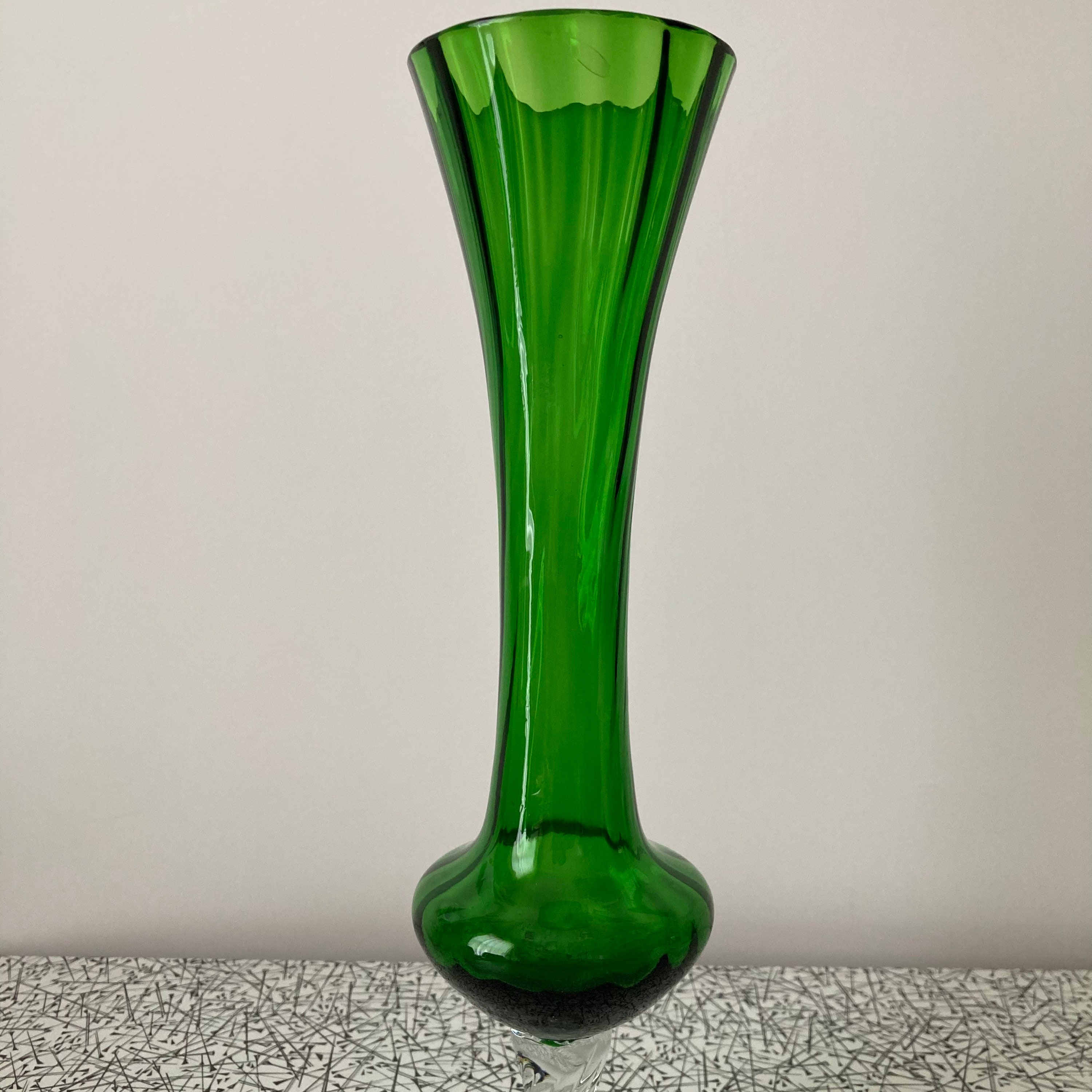 Green fluted glass bud vase on a clear twisted stem Etsy