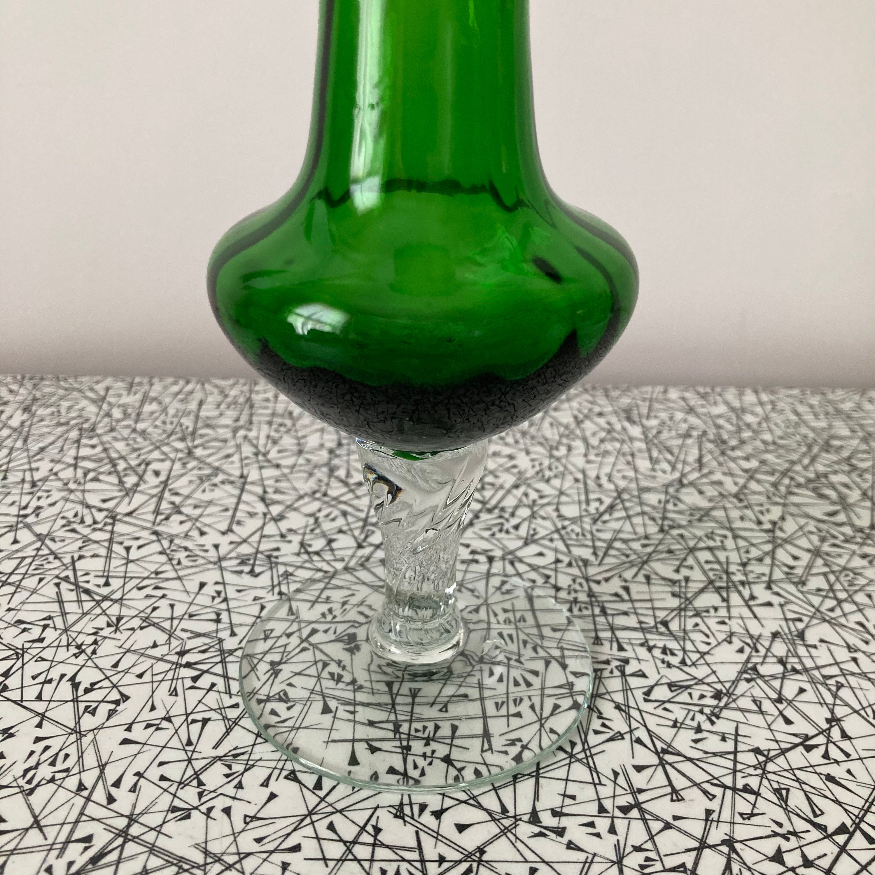 Green fluted glass bud vase on a clear twisted stem Etsy