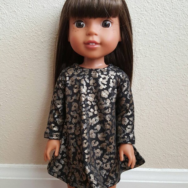 Black, gold, and silver Animal print Trapeze Dress for Wellie Wishers and other 14 inch dolls  by The Glam Doll pattern