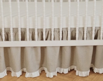 Linen Crib  bedding - gathered skirt - Nursery bedding, Natural linen