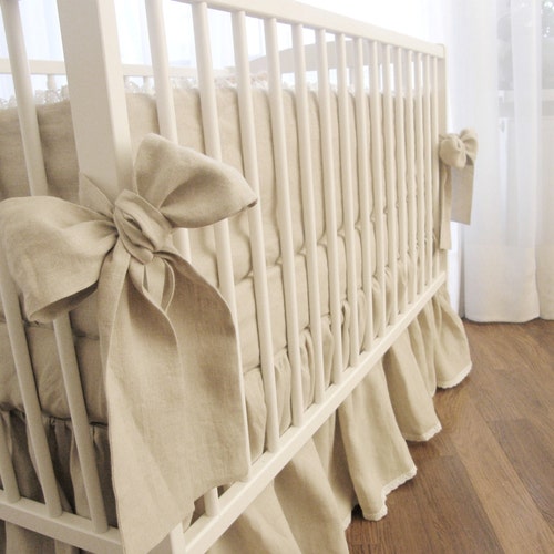 Linen Crib Bedding Gathered Skirt and 4 Side Bumper Etsy